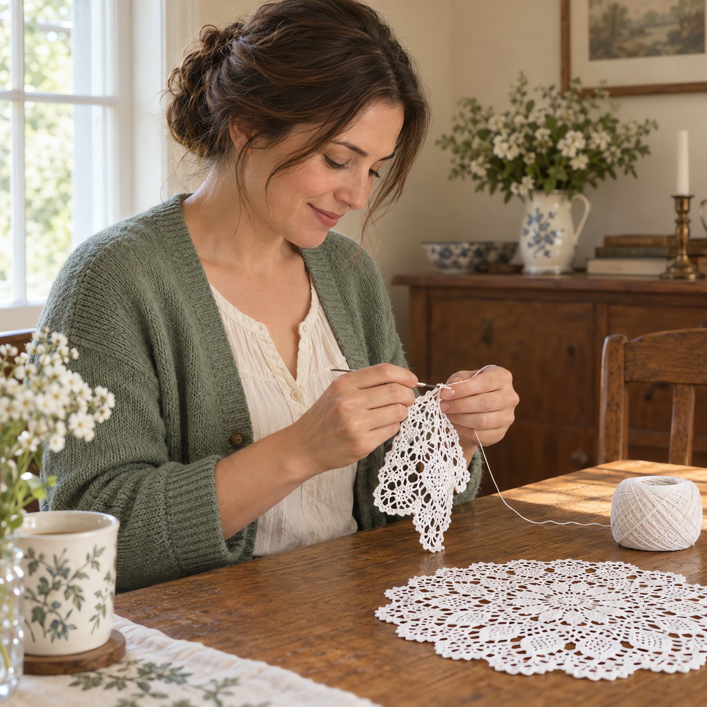 Nora Whitfield crocheting a lace doily at her dining table