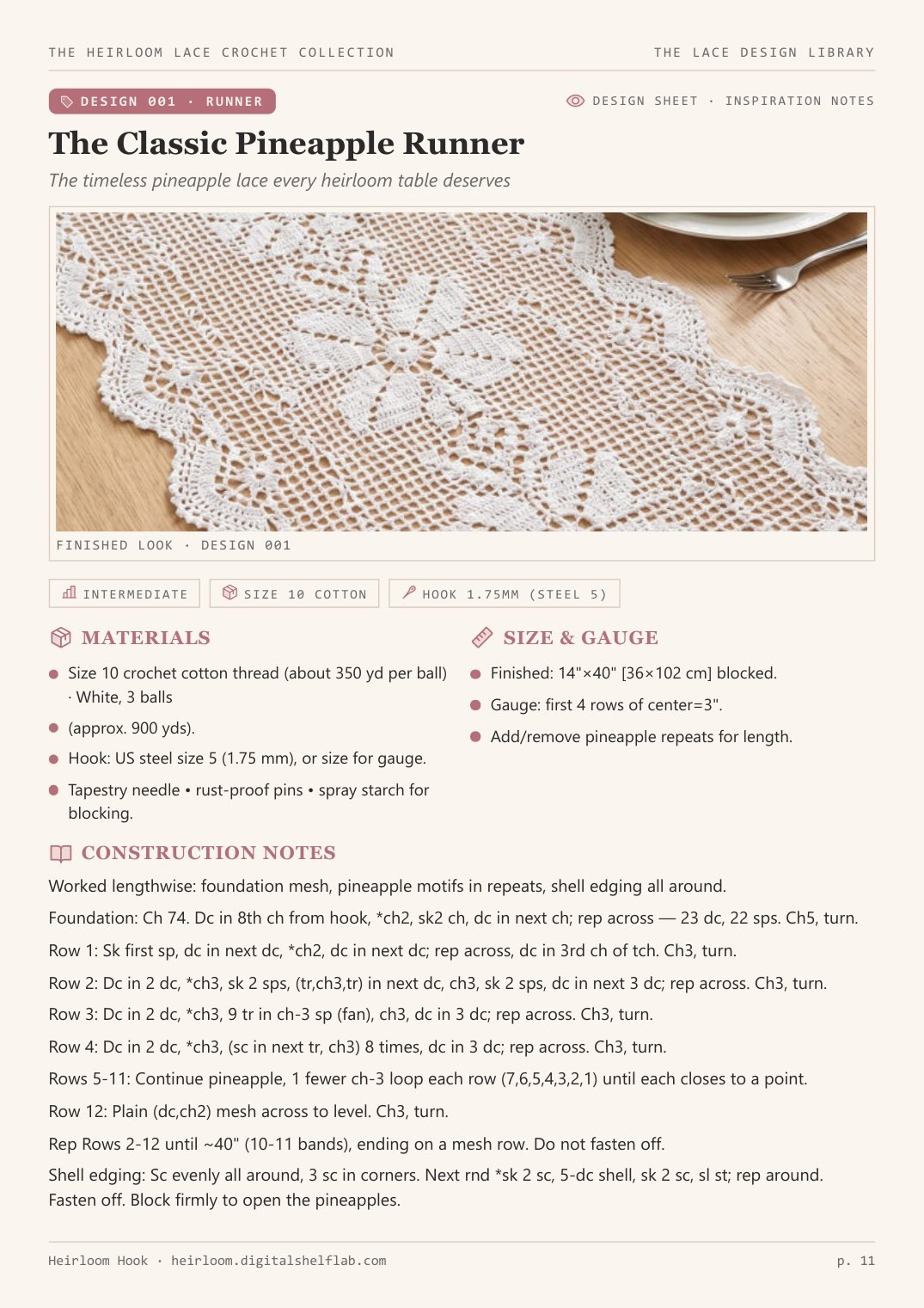 The Lace Design Library page: The Filet Rose Runner design sheet